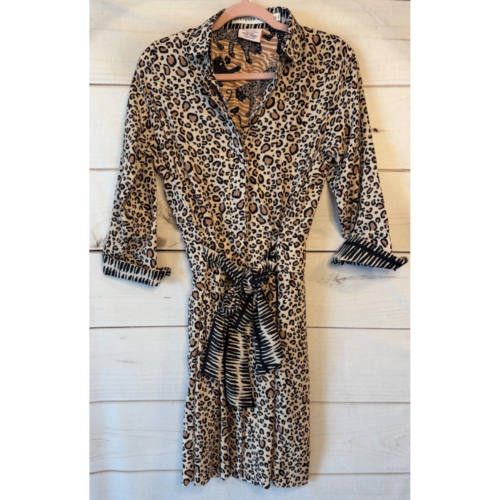 Gretchen Scott Leopard Print Chiffon Shirt Dress Zebra Trim Belted Brown Tan M